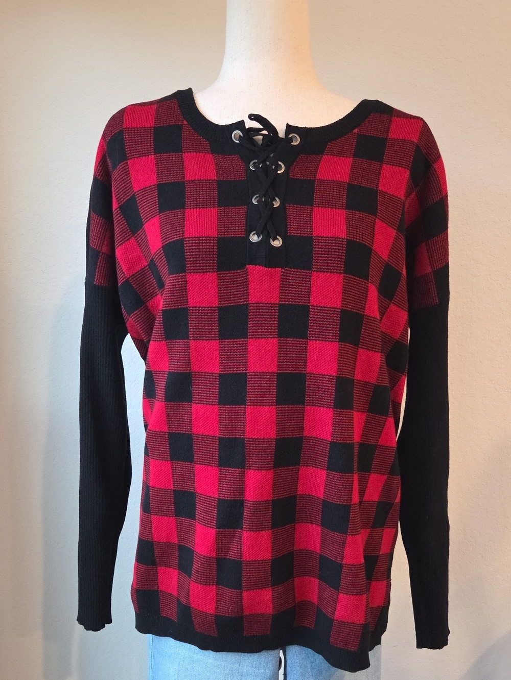 Women’s Cute Red Black Check Plaid Lace-Up Pullover Sweater Christmas Outdoor Xl